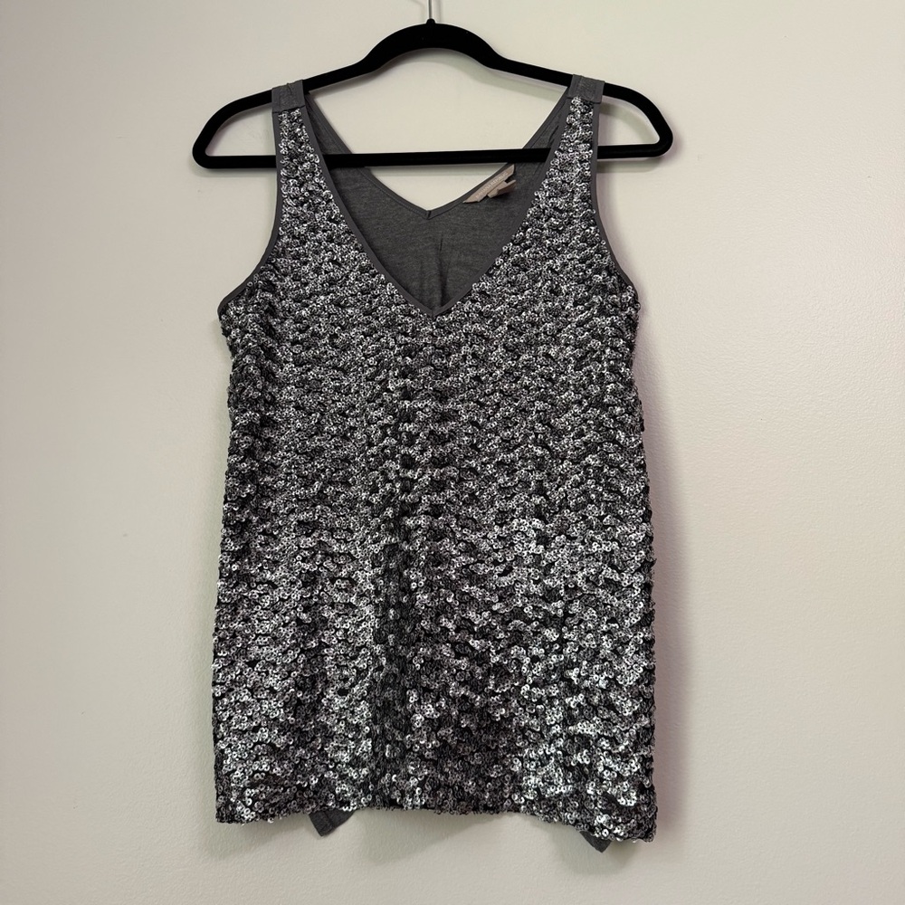 Banana Republic Silver Grey Sequin V-Neck Sleeveless Jersey Tank Top, size S - Picture 13 of 14